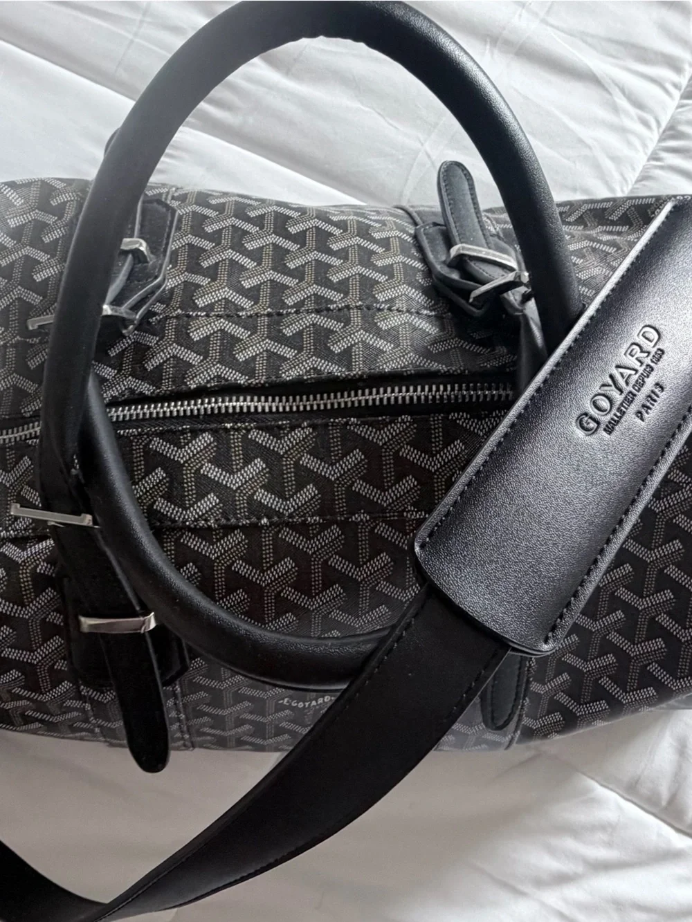 G Black Leather Trim Duffel Bag with Bright Orange Interior